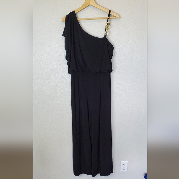 💚5/$25 Emma & Michele Black Gold Chain One-Shoulder Dressy Jumpsuit Wide Leg - Picture 1 of 7